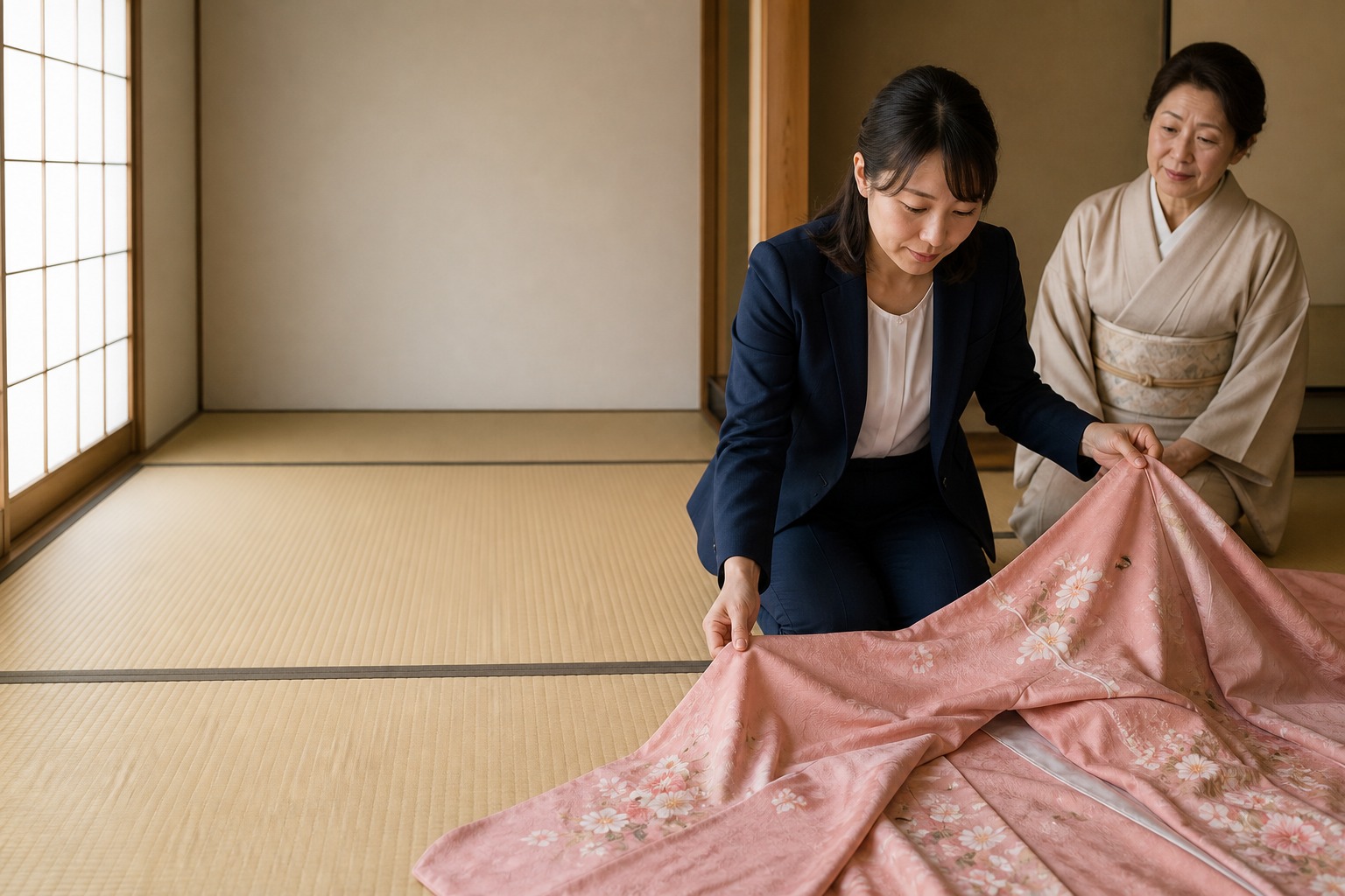 鑑定士がご高齢のお客様のご自宅で、着物を広げながら穏やかに会話をしている様子