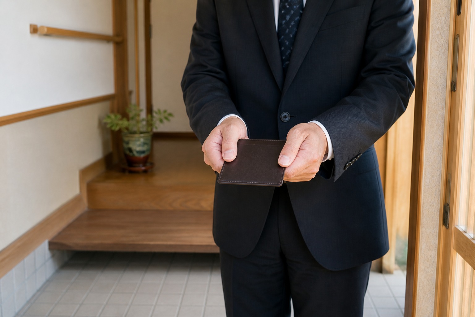 訪問時に社員証を提示する様子