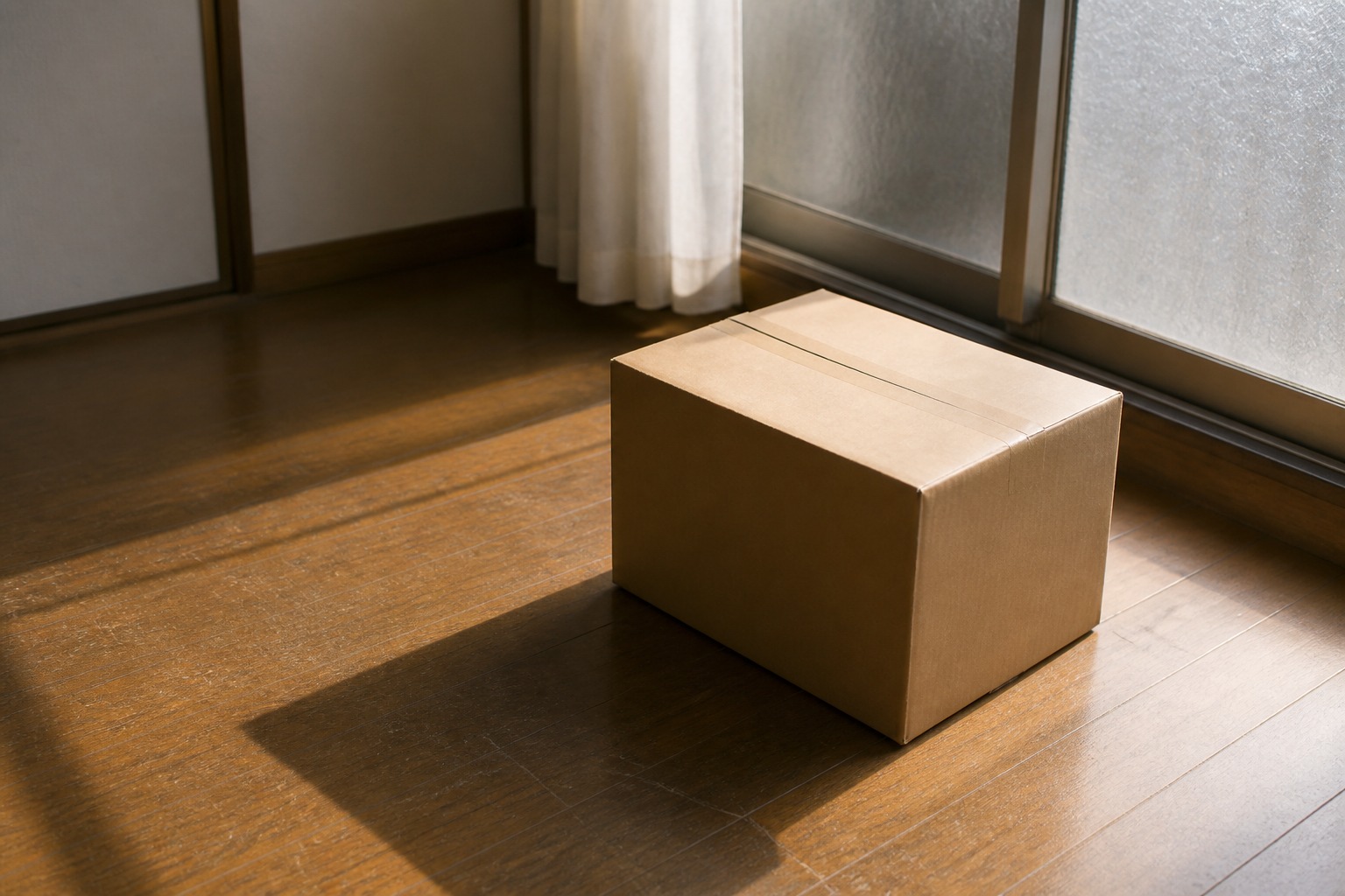 窓辺の床に置かれた封をした段ボール箱
